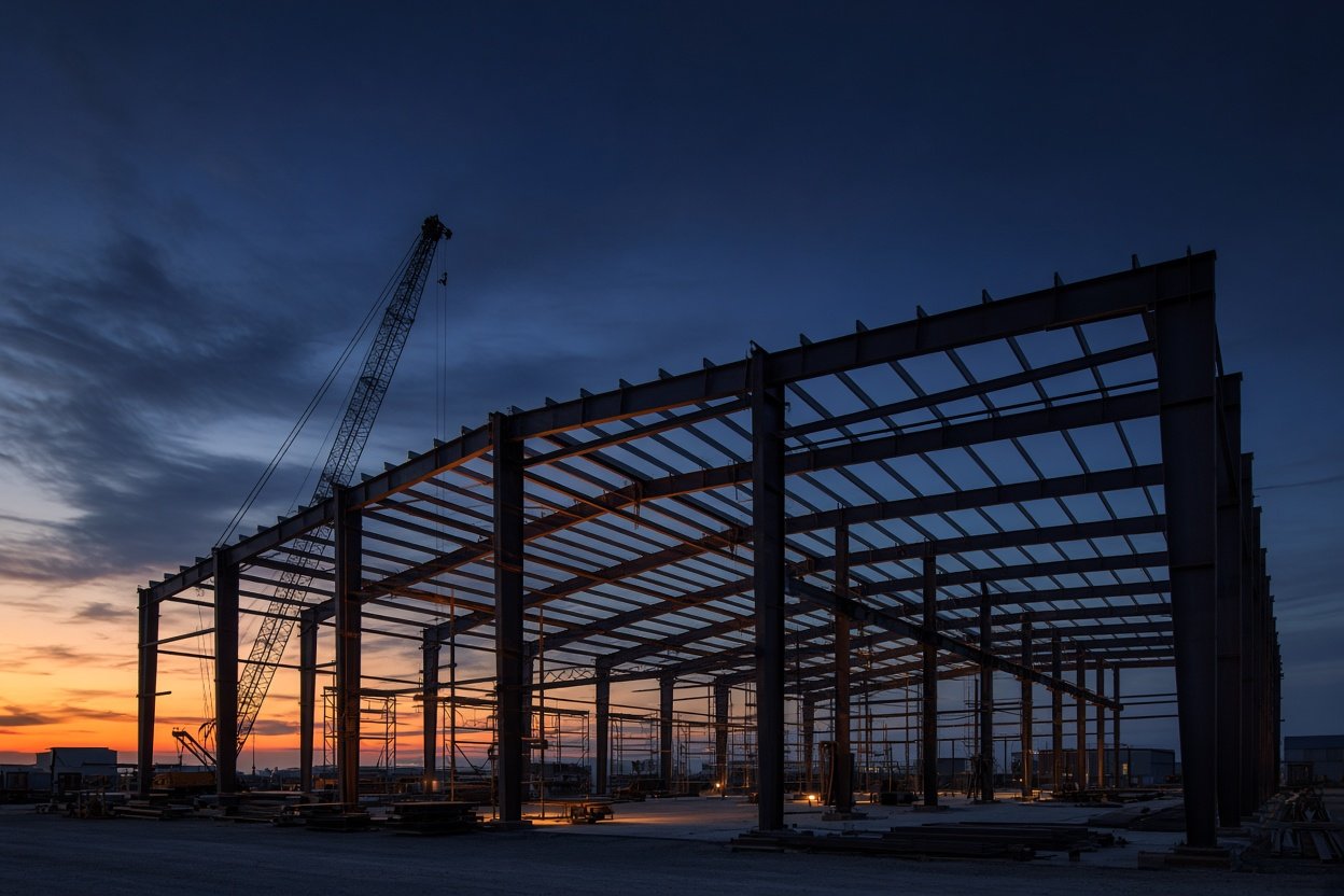 PEB accessories installed on a steel structure at dusk
