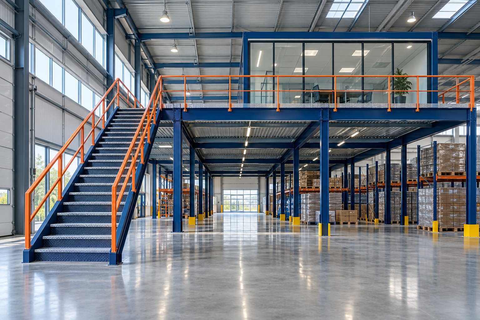 Steel mezzanine floor with staircase inside a modern warehouse with blue columns and orange railings