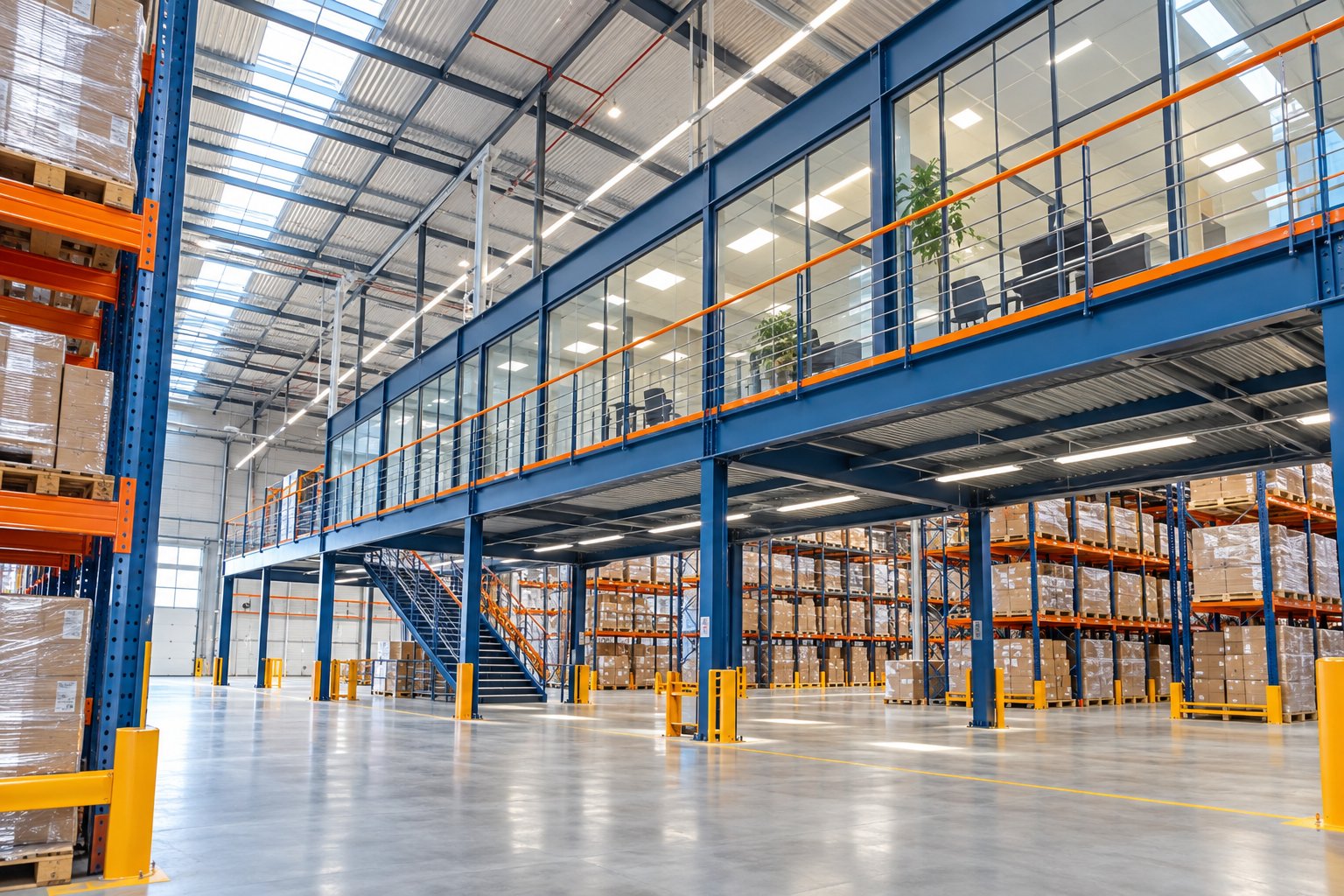 Steel mezzanine floor installed inside a warehouse