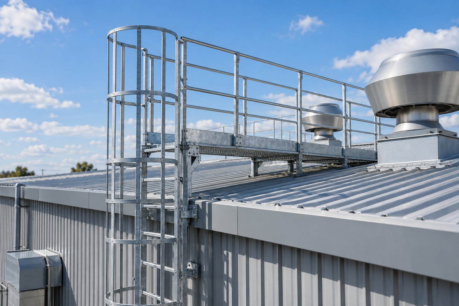 Steel roof platform with handrails and ladder on an industrial roof