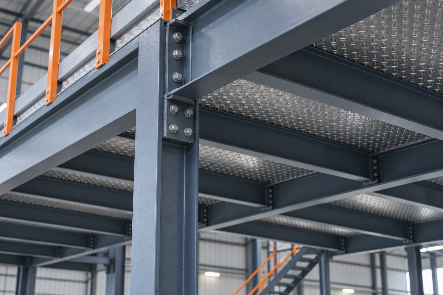 Steel mezzanine floor with chequered plate and bolted connections