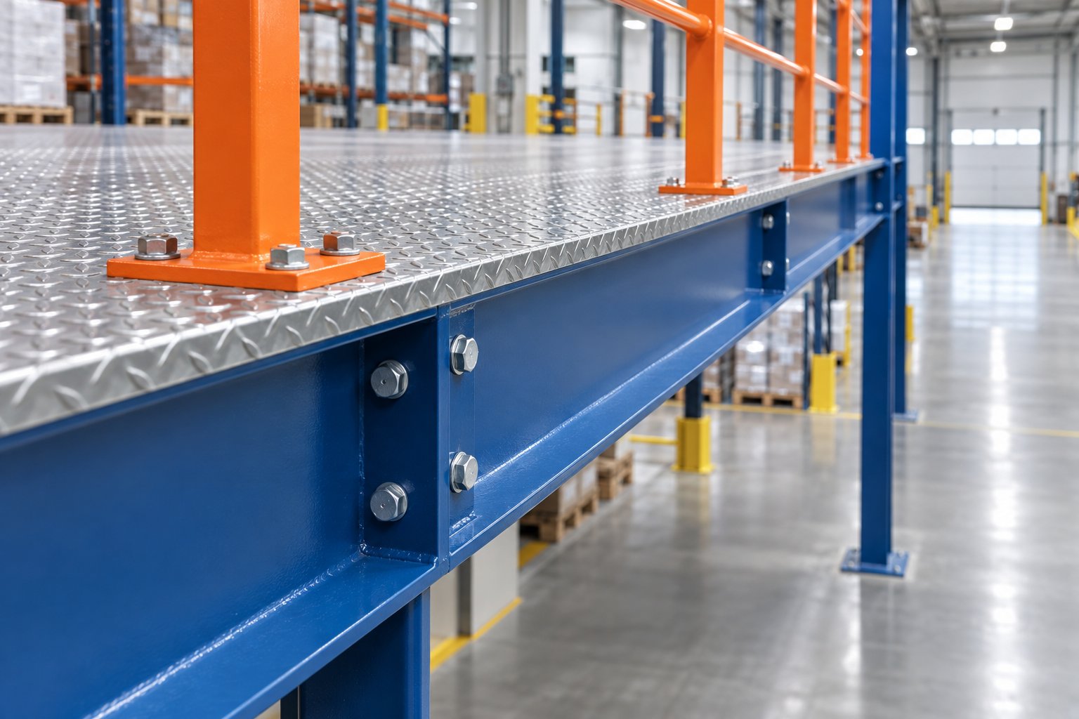 Close-up of steel mezzanine floor with orange columns, chequered plate deck and bolted connections