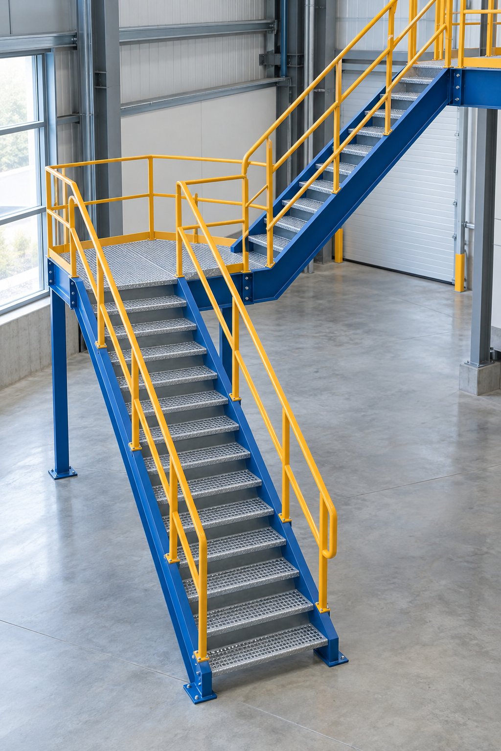 Prefabricated steel staircase with yellow handrails and mid-landing