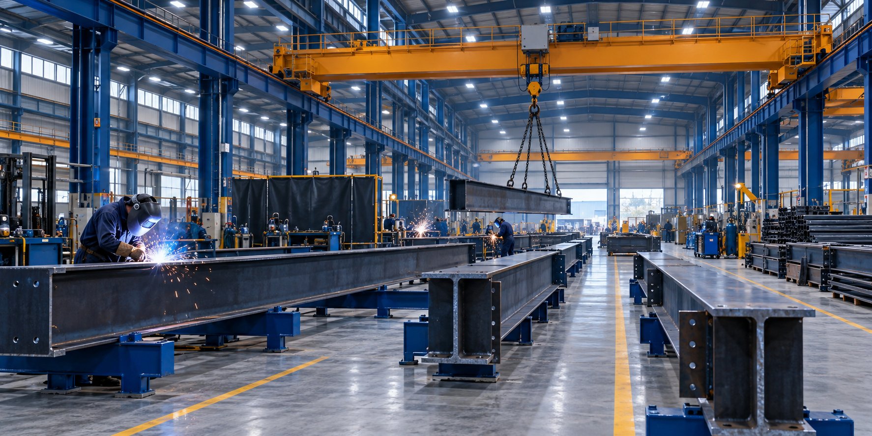 Steel fabrication at the Kaizen Sonipat plant with an overhead crane